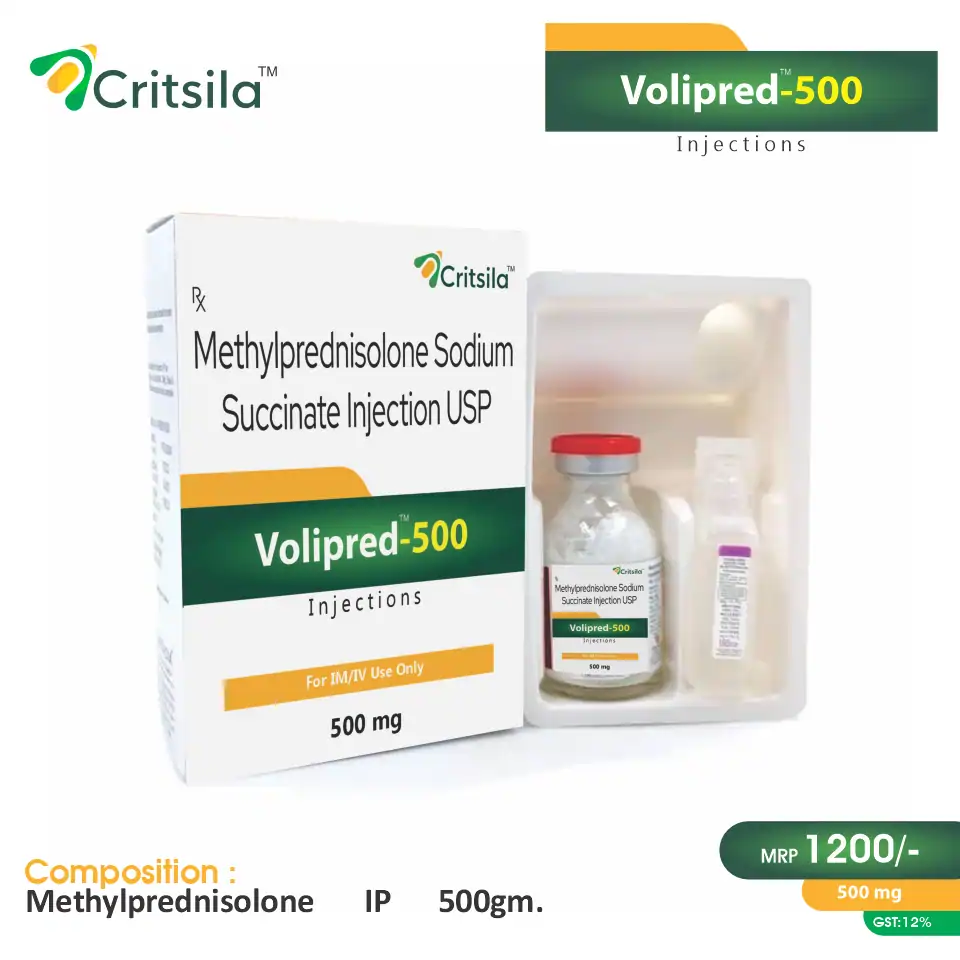 Methylprednisolone 500mg Injection at the best price in PCD Pharma Franchise for Inflammation and Autoimmune Conditions.